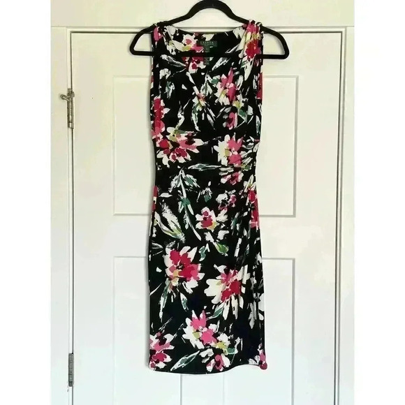 LRL Ralph Lauren Womens Sheath Dress Black Floral Draped V Neck Size 2 - Picture 5 of 6
